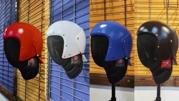 red, white, blue, and black Cobra Masks lined up on a rack