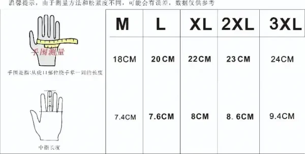 Gabriel HEMA Gloves size chart